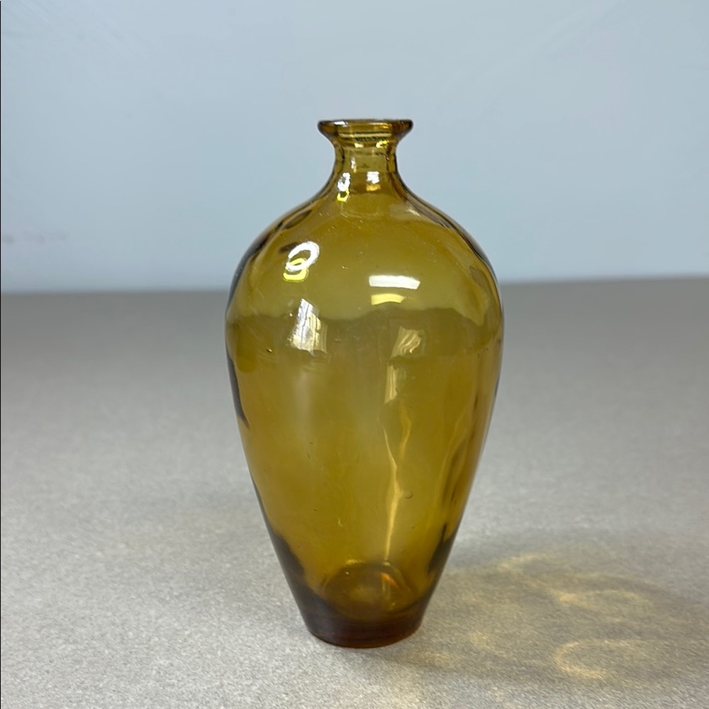 Vintage Mid Century hand blown Amber Glass Vase miniature 5.5” by 9 1/4” round